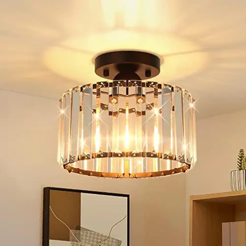 MATULSA Semi Flush Mount Ceiling Light Fixture - Crystal Ceiling Light Farmhouse Chandelier Black Metal Cage Ceiling Lighting with E26 Base Close to Ceiling Lamp for Kitchen Bedroom Hallway Bathroom Entryway
