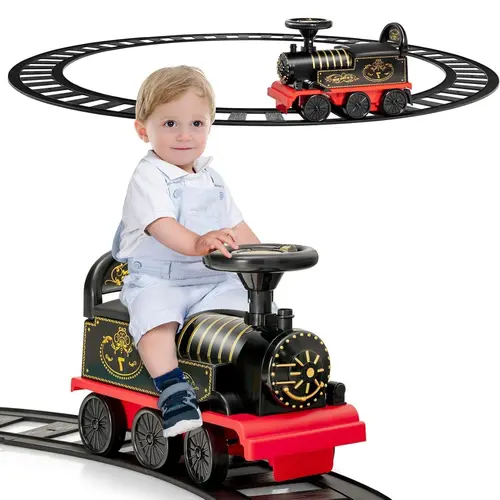 Costzon 2-in-1 6V Rechargeable Electric Toddler Ride-On Train (16 Pcs Tracks, 18m+ Over 18 Months, 55 lbs Capacity) - PP Plastic & Steel Toy, Colorful Lights, Storage Seat, Anti-Tilt Device, Track Mode-Trackless Modes, Birthday Gift, Decoration