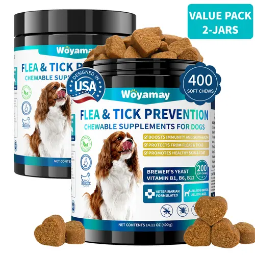 Woyamay Natural Flea & Tick Prevention Chewables (400 Count) for Small/Extra Small Dogs & Puppies - Skin & Coat Support with Coconut Oil, Fish Oil, Flaxseed, Vitamins for All Breeds