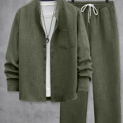 Men's Spring & Fall Casual Fitted Two-Piece Set, Co Ord Set, Long Sleeve Shirt & Pants, Fashionable Home Wear Outdoor Activities & Travel Sports