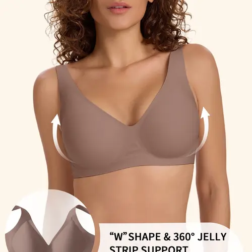Women's Wireless Jelly Supportive Bra, Soft Comfy Bra, Deep V Design, Medium Support, Three-Quarter Cup, Casual Fitted Lined Underwear, All Seasons
