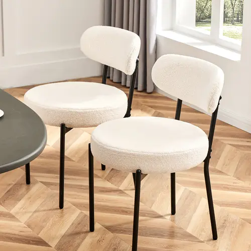2-Piece Boucle Upholstered Armless Dining Chair Set, Mid-Century Modern Fabric Padded Kitchen Chairs with Curved Backrest, Metal Legs, Round Indoor 2 Seat Dining Room Furniture Seating