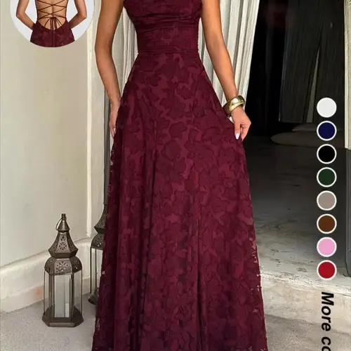 Sexy Backless Sleeveless Lace Pattern Long Dress, Backless Cocktail Dress, Bodycon Party Gown, Plain Fitted Design, Elegant Formal Style, Formal Wear, Perfect for Parties and Events, Women's Fashion