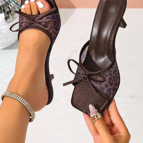 Women's Summer Fashion Fish Mouth Open Toe Thin Heel Sandals, Butterfly Knot Leopard Print Slippers, Casual Outdoor Wear, Fashionable Heeled Sandals, Stylish Casual Sandals