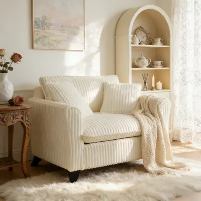 Niccae Classic Curved Back Comfy Accent Chair - Ergonomic Backrest, Soft Foam Cushion, Compact Single Seater Luxury Fabric Armchair, Indoor Lounger for Living Room, Bedroom, Comfy Chairs