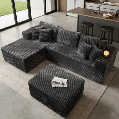 Modern 108" Boneless Couch Cloud Modular Sectional Sofa With Removable Ottomans & Chaise - Plush Corduroy , Deep Seat, Upholstered Couches, No Assembly Required for Living Room