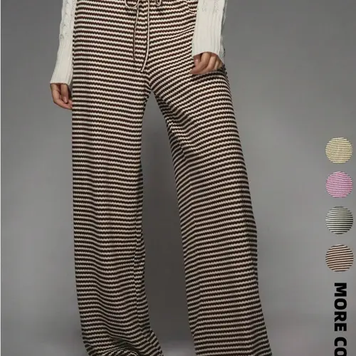 Women's Striped Knit Wide Leg Pants, Chic Comfy Pants, Casual Fashion Pants, Casual Fashion Bottoms, Comfortable Winter Ribbed Fabric, Elastic Waist Drawstring, Casual Palazzo Style, Perfect for Christmas