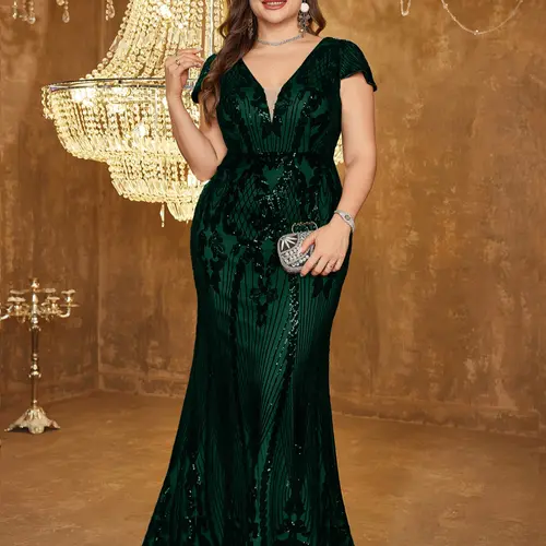 Plus Size Deep V Neck Backless Sequin Formal Wear Party Dress, Drape Formal Dress, Fashion Draped Dress, Elegant Cap Sleeve Evening Gown, Random Cut Design, Perfect for Special Occasions, Dresses For Party, Elegant Party Apparel, Womenswear