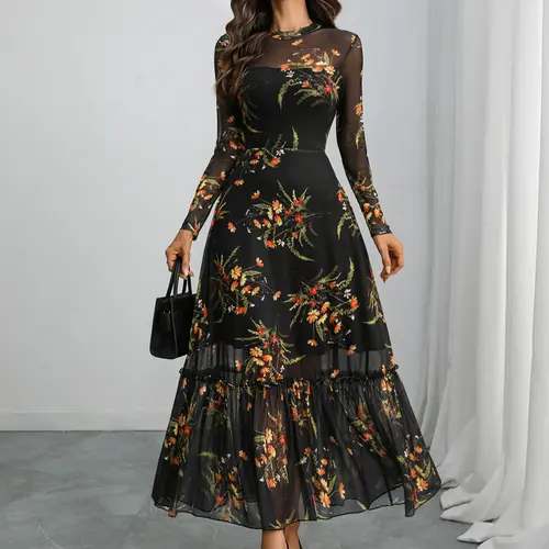 Elegant Chic Gothic Floral Print Long Sleeve Mesh Fitted Dress, Date Night Dresses, Party Dress, Autumn Women's Clothing