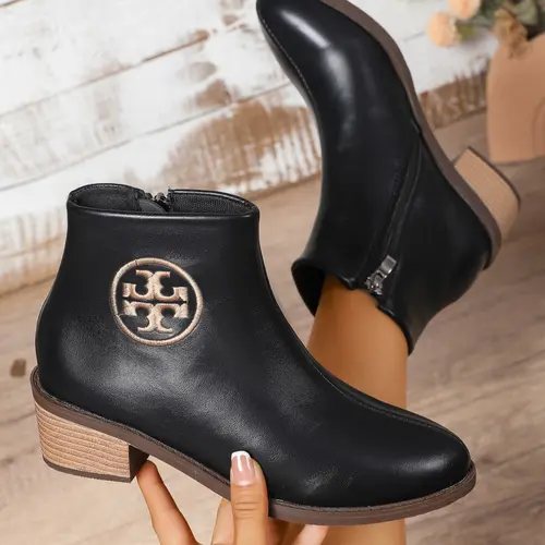 Women's Classic Black Chelsea Boots, Leather Embroidered Ankle Booties, Embroidery Ankle Boot, Pointed Toe Chunky Heel Side Zipper Comfortable Fall Winter Short Shoes, Gift for Halloween, Christmas