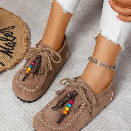 New Women's Round-Toe Outdoor Fitness Shoes with Arch Support, Casual Beaded Tassel Moccasins for Women, Vintage Comfort Walking Flats, Casual Shoes Clogs, Summer Flat