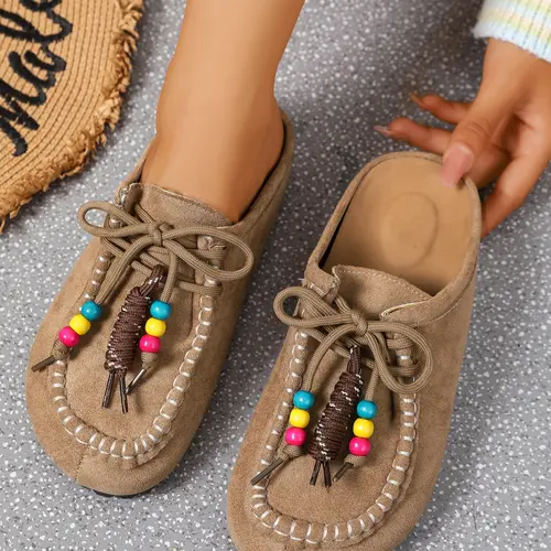 2025 New Women's Round-Toe Cork suede Clog Casual Shoes Mules –Boho Beaded Suede Tassel Mules – Women’s Vintage Slip-On Clogs with Arch Support, Soft Cork Sole, and Colorful Beads – Cozy Fall Flats for Walking & Home Foot Clogs Cork Footed Mules