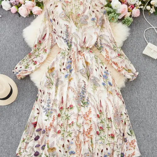 Elegant French Style Long Sleeve Floral Print Woven Dress for Women, Floral Dress With Sleeves, Casual Boho Fashion, Boho Clothes, Bohemian Style Dresses, Casual Wear, Day, Spring & Fall New Arrival, Slimming and Gentle Feminine Look, Womenswear