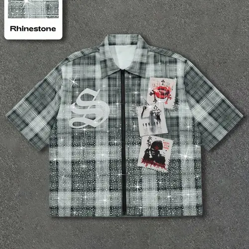 Men's Gothic Print Rhinestone Plaid Casual Shirt, Street Style Fitted-Woven Fabric, All-Season Fashionable Design, Fitted Cut, Menswear