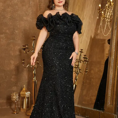 Elegant Off-Shoulder Mesh Patchwork Sequins Backless Bodycon Party Dress, Slim Fit Evening Gown with Waist Tie Belt, Formal Wear