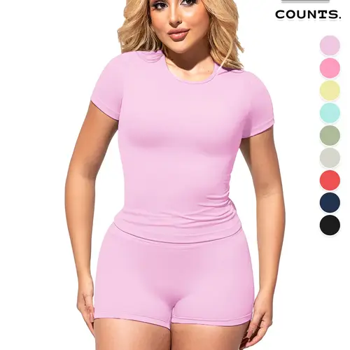 2-Piece Women's Solid Color Short Sleeve Tee & Shorts Set, Solid Sports Sets, Breathable Workout Clothes for Gym Yoga Running, Comfortable Sportswear, Outfits, All-Season Activewear