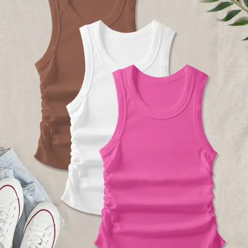 Women's Casual Breathable Sleeveless Vest Set, Comfortable Elastic Side Straps, Fitted All Season Underwear, Pack of 3 Solid