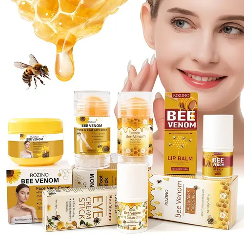 ROZINO 5-Piece Bee-Infused Honey Skincare Set - Eye Stick, Lip Balm, Face & Neck Treatment, Hand & Foot Balm with Natural Extracts for Gentle Moisturizing, Hydrating, Plumping Skin