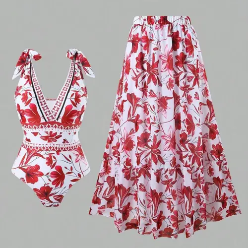 Women's Floral Print Adjustable Strap Fashionable Swimsuit with Skirt Overlay, Fashion Women's Swimwear for Beach and Vacation
