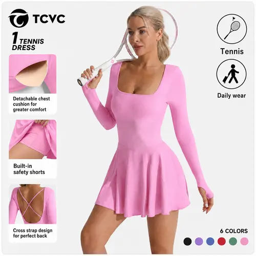 TCVC Women's Cross Back Sports Dress, Long Sleeve Square Neck | Tennis, Yoga & Outdoor Activities | Skin-Friendly & Figure Flattering Womenswear
