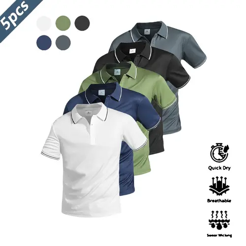 Men's 5-Piece Casual Short-Sleeve Collared Polo Shirts - Quick-Dry Sportswear with Contrast Cuffs, Casual Athletic Polo Shirts for Golf, Sporty Look Male Tops