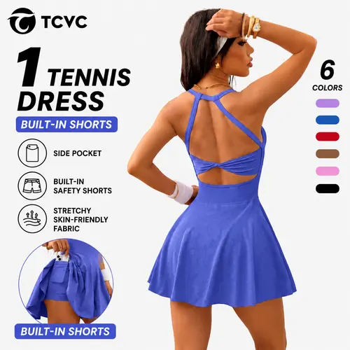 TCVC Women Adjustable Neck Buckle Tennis Dress with Built‑in Shorts & Side Pockets, Upgraded Back Twist Cutout Stretchy Breathable Athletic Dress for Golf Workout Sport Daily, travel essentials, sport essentials