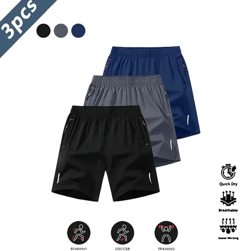 Men's 3-Pack Quick-Dry Lightweight Breathable 100% Polyester Solid Color Anti-Wrinkle Reflective Stripe Fitness Training Jogging Workout Exercise Shorts, Fitness Training Shorts