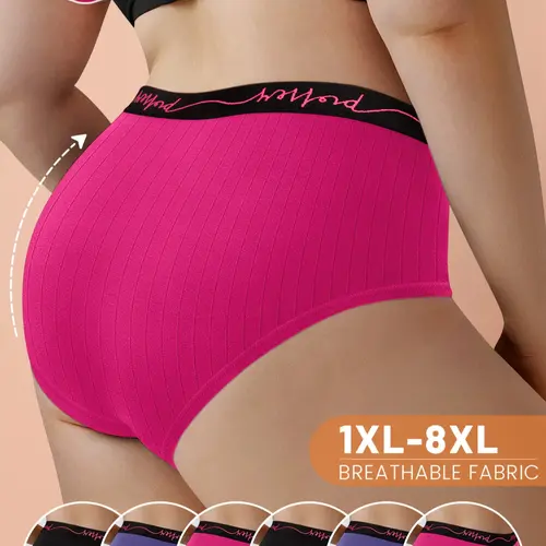 6-Pack  MEIYATING Plus Size Women's High Waisted Panties, High Waist Underwear, High Rise Panties, High Waist Letter Belt, Vertical Stripes, Soft Fit, Premium Printed Triangles