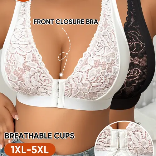 2-Pack MEIYATING Women's Bras, Feminine, Full Coverage Large Size, Thin Cup, Soft Breathable, Fit, Lace Pattern, Front Buckle, Everyday, Casual, All Seasons Lingerie Underwear