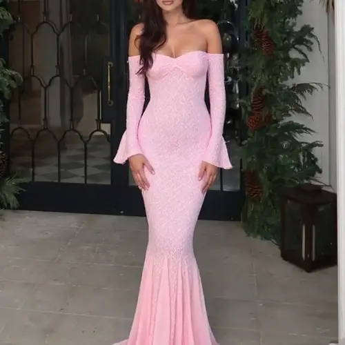 Women's Solid Color Lace Long Sleeve Dress, Chic Elegant Formal Style Classy Flattering Off the Shoulder Dress for Party Club Dating Formal Wear, Ladies Spring & Fall Clothes Womenswear