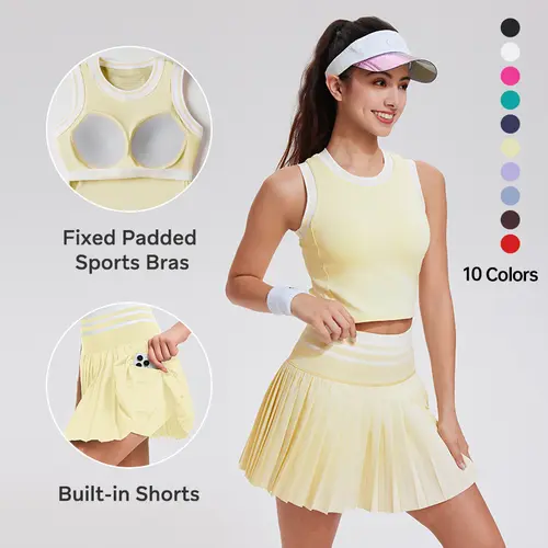 Women's Fitted 2-Piece Workout Set - Sleeveless/Long Sleeve Crew Neck Top & Pocketed Tennis Skirt, Casual Athletic Outfit for Gym, Summer Sports