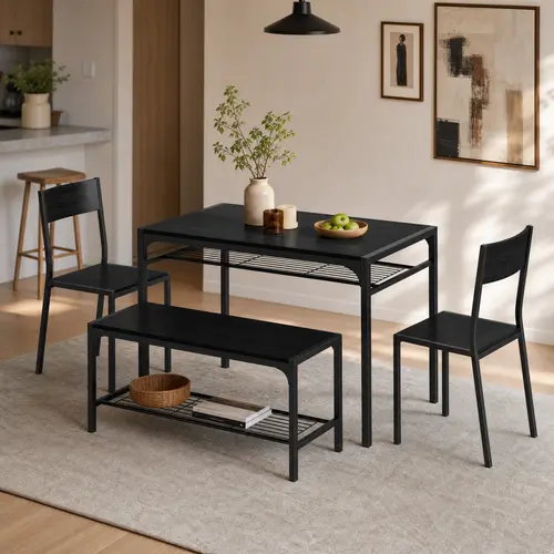 Gizoon 4-Piece Dining Table Set of 4 - Space-Saving Black Indoor Furniture Set with Metal Storage Racks, 2 Ergonomic Chairs, 1 Bench, Easy to Clean Apartment Furniture Works as Dining Table or Home Desk