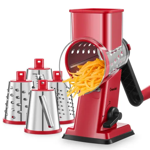 Geedel 4-in-1 Rotary Cheese Grater Shredder - BPA-Free Kitchen Gadget with Handle, Plastic Body, Reinforced Suction Cups, Stainless Steel Wavy Blades, Vegetable Slicer, Detachable Rack for Hassle-Free Customizable Flavor Prep (Red),home essentials