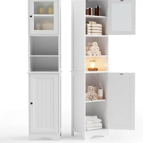 Gizoon 67.1" Tall Bathroom Storage Cabinet with Adjustable Shelves | Narrow Tall Linen Tower with Open Shelves, Two-way Doors, Anti-Tip, for Home, Kitchen, Living Room, White