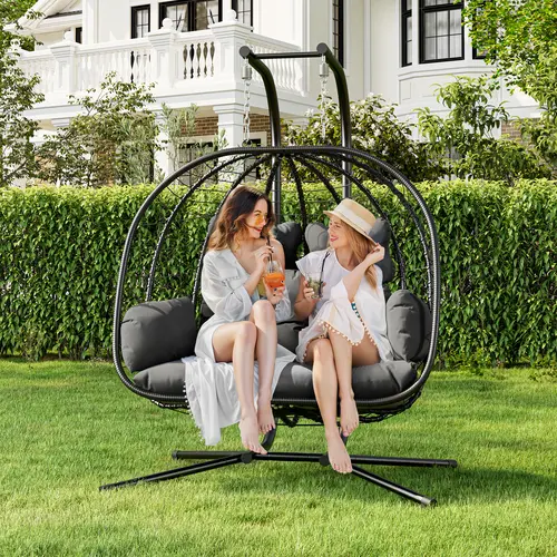 Hanging Egg Swing Chair - Thickened Sturdy Rustic Rattan Home Outdoor Furniture with Detachable Washable Headrest & Cushion, Modern Look, 77in Height, Ideal for Balcony Garden, Christmas Gifts Option, Egg Swing Chairs