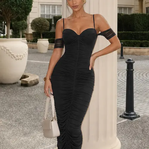CurvySweet Liora Women's Off-Shoulder Cross-Back Adjustable Strap Split Bodycon Dress - Breathable Acrylic-Elastane Fabric, Built-in Shapewear & Bra Support, Elegant Formal Dress for Wedding Guest (574)