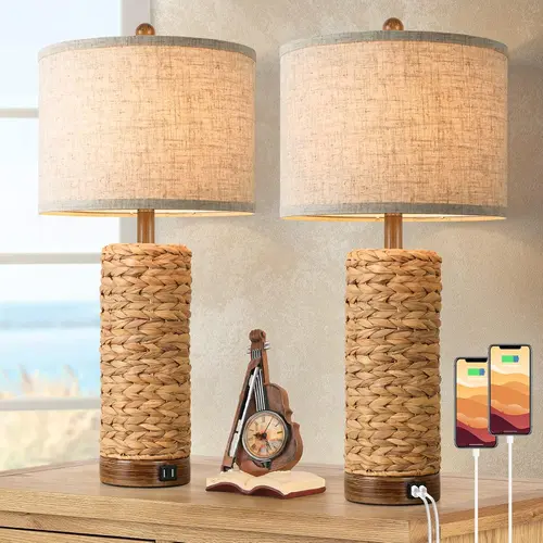 MATULSA 27" Rattan Table Lamps for Living Room with 2 USB Ports, Tall Bedroom Lamp Costal Farmhouse, Rustic Woven Seagrass Bedside Nightstand Lamps for End Table, E26 Socket&Rotary Switch, No Bulb