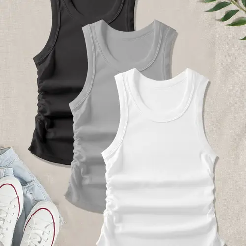 Women's Casual Thin Breathable Sleeveless Vest Set, Comfortable Elastic Side Straps, Fitted All Season Underwear, Pack of 3, Fabric