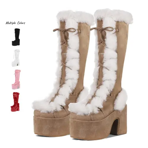 AOSPHIRAYLIAN Women's Knee-High Punk Style Boots, Comfortable Chunky Heel, Stable Wedge Heel Platform, Warm Faux Fur, Lace-Up, Side Zipper Speeds Dressing, Winter Snow Statement Shoes, Footwear
