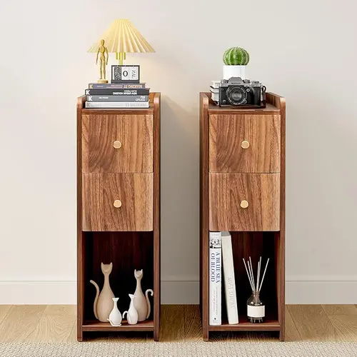 FurSch Mid-Century Modern Nightstand with 2 Drawers, Narrow Vintage Wooden End Table with Open Storage, Wooden Bedside Table Compact Organizer for Bedroom or Living Room