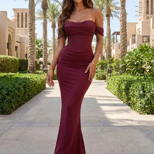 CurvySweet Clara Women's Off-The-Shoulder Corset Bodycon Ruched Mesh Maxi Dress with Built-in Supportive Bra - Formal Shapewear, Wedding Guest Dress, Tummy-Flattering Sweetheart Fall Outfit
