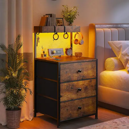 LED Nightstand Set of 2 with 3 Fabric Drawers & Shelf & Hooks, Tall Nightstand with LED & Power Outlet , End Table with Charging Station, Bed Side Table for Bedroom Furniture, White, Black, Rustic Brown,dorm essentials,home decor