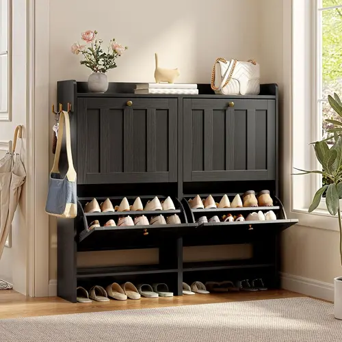 Gizoon 4-Flip-Drawer Black Shoe Rack Organizer, Narrow Size Freestanding Home Storage Holders & Racks with Clever Storage for Entryway, Assembly Required
