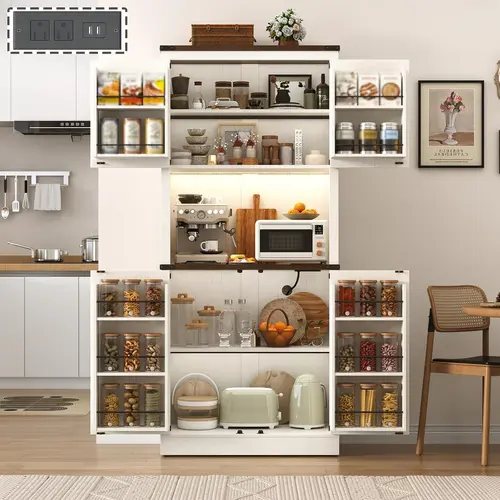 72" Tall Farmhouse Kitchen Pantry Cabinet with LED Light and Power Outlet,Modern Farmhouse Kitchen Storage Cabinet w Load-Bearing Steel Pipe,Barn Doors, Organizer,Food Pantry Cabinets(Rustic Brown/White/Black)