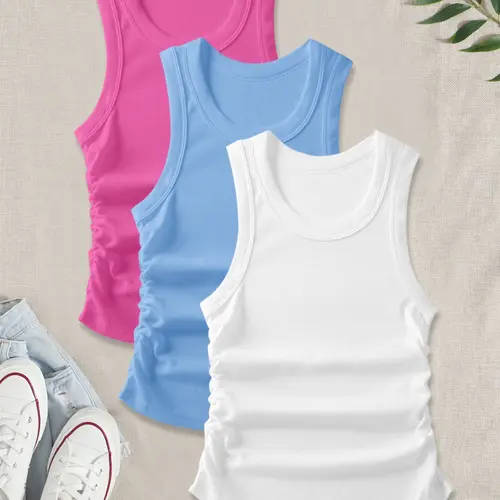 Women's Casual Breathable Sleeveless Vest Set, Comfortable Elastic Side Straps, Fitted All Season Underwear, Pack of 3