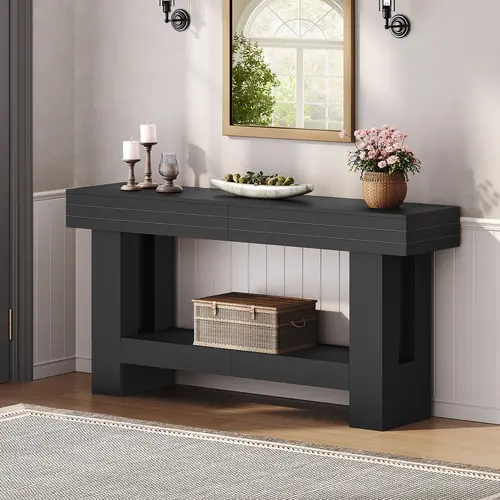 MAHANCRIS Modern Black Entryway Table with Storage, 63'' Long Farmhouse Console Table, 2-Tier Wood Sofa Table Behind Couch, with Grooved Design, for Living Room, Hallway, Corridor, Black #SummerVibes#DealsforYouDays #SummerGarden