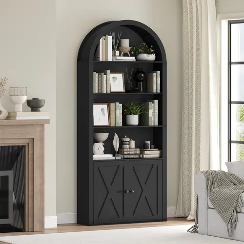 MAHANCRIS 6-Tier Farmhouse Arched Bookshelf - 74.6in Freestanding Engineered Wood Vertical Shelf with Adjustable Shelves & Cabinet, Small Space Living Room Furniture, Curved Wooden Display Cabinet for Study