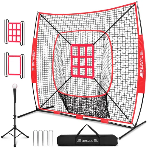 【BackToSchool】BAGAIL 7x7 ft Baseball & Softball Practice Net with Bow Frame for Batting, Hitting, Pitching, Portable Baseball Throwing Net with 2 Strike Zone Batting Tee, Carry Bag, Great for All Levels