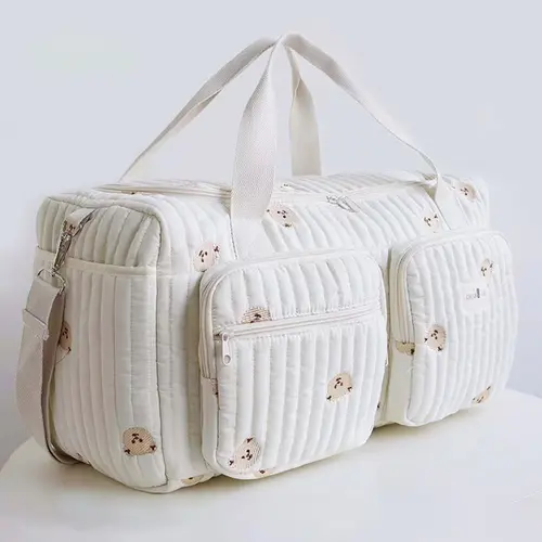 Cute bear embroidered cream white travel bag, large capacity and multiple pockets, portable crossbody gym bag, multi-compartment fashionable and exquisite crossbody bag, suitable for short trips, Multifunctional Travel Duffel, etc.
