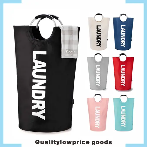 Jumbo Round Standard Fabric Upright Portable Clothes Basket - Collapsible Laundry Hamper with Double Ring, Ergo Handle Grip, Waterproof, Rain-Proof Dry, Shelf-Fit Storage, Corner Space Saver for Bedroom, Bathroom, Clothes Baskets